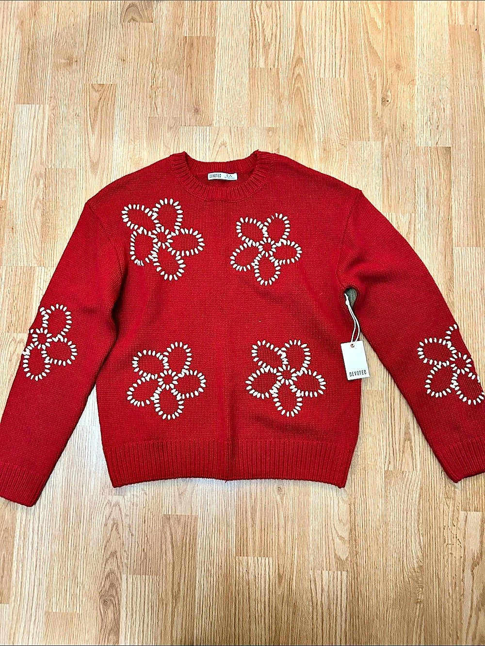 Devoted Women's Embroidered Crew Neck Sweater Floral Embellished Sweater in Red